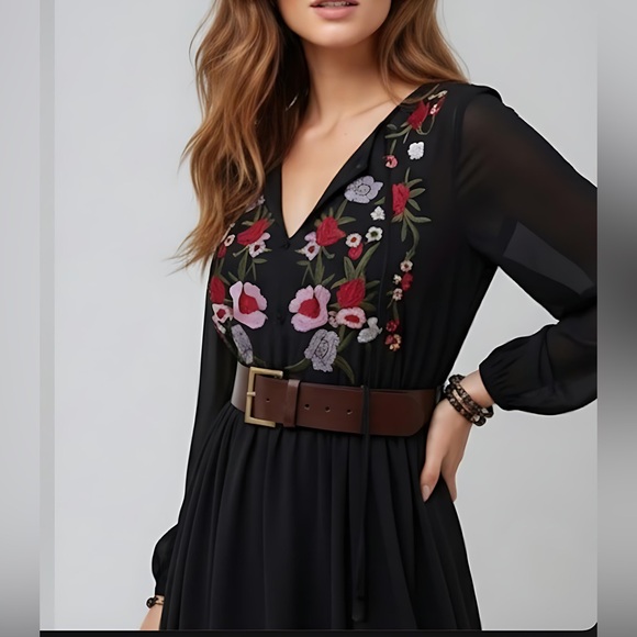 Black Floral Embroidery Lantern Sleeve Dress Without Belt - Picture 2 of 9